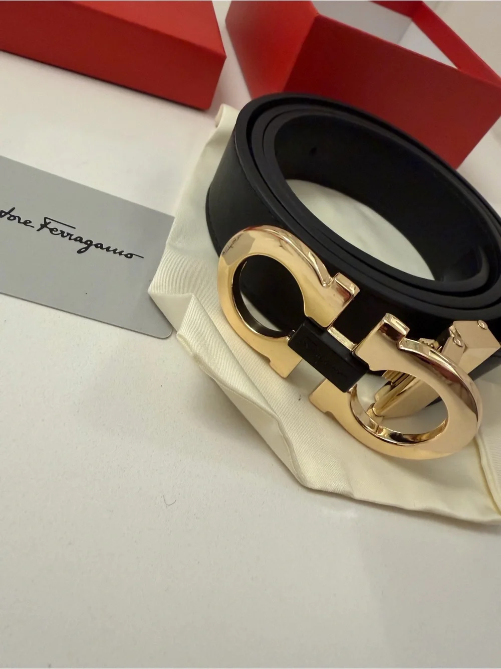 Salvatore Ferragamo Black Leather Belt with Gold Double Gancini Buckle